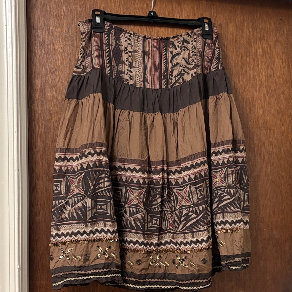 Venus Ailleurs Bohemian Embroidered Tiered Brown Skirt